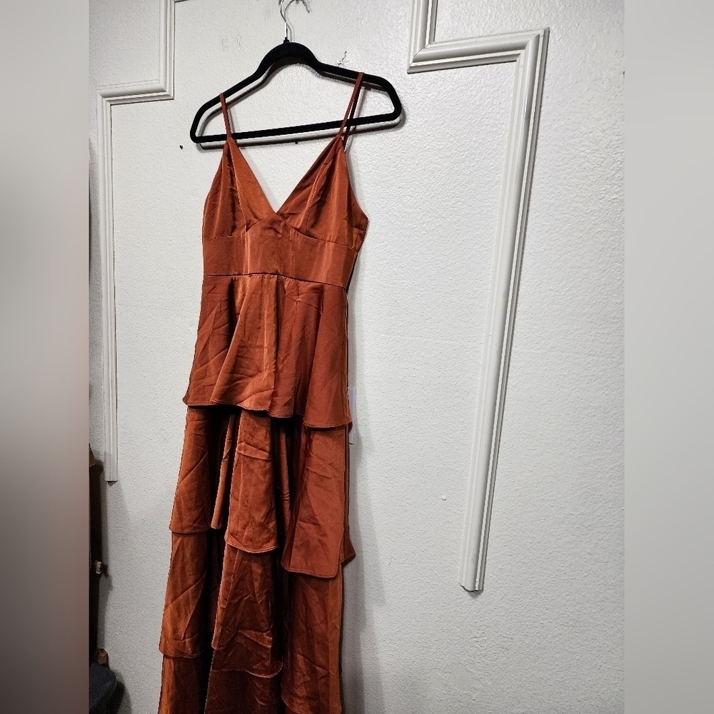 Lulus Going with Elegance Rust Brown Satin Tiered Gown Wedding Party Formal - Picture 7 of 9